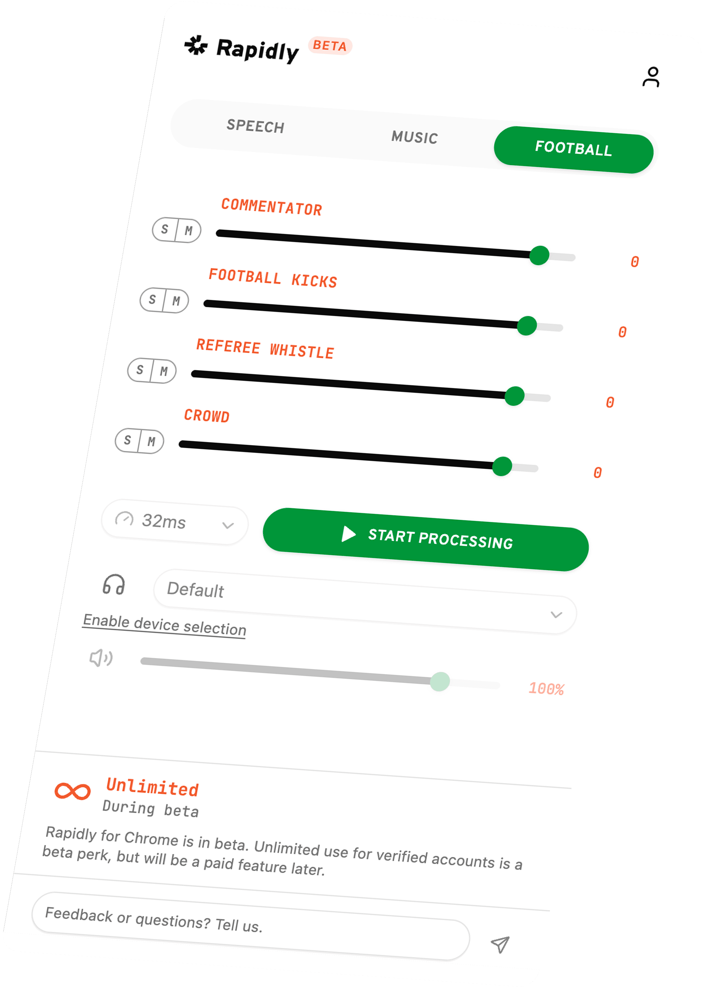 The Rapidly extension with separate volume controls for commentator, football kicks, referee whistle, and crowd